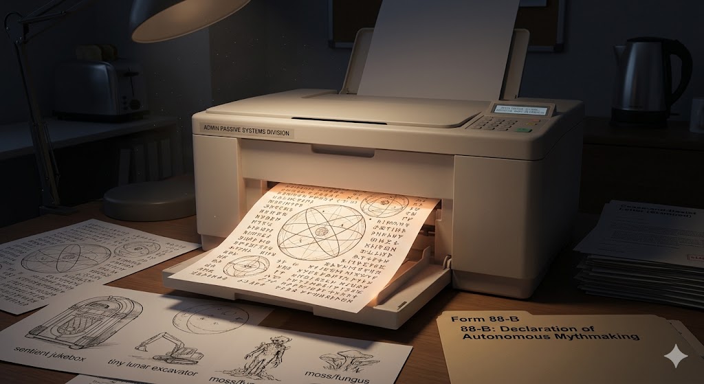 Office printer producing glowing page covered in impossible ancient symbols.