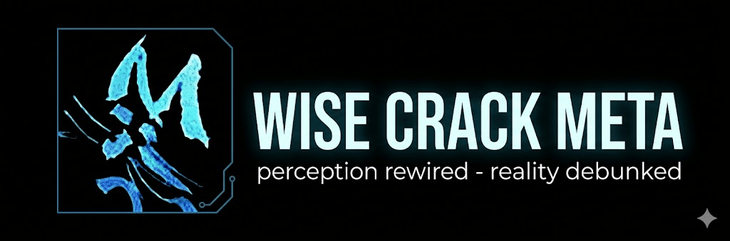 Wise Crack Meta official site logo featuring a stylized blue neon cat icon inside a digital frame on the left, next to the bold white title text "WISE CRACK META" and the tagline "perception rewired - reality debunked" on a solid black background.