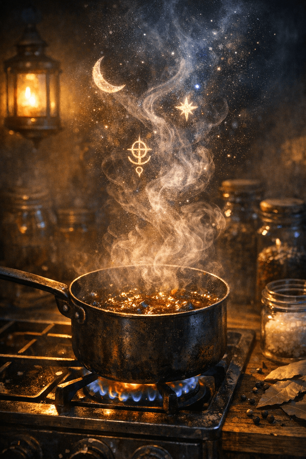 Mystical steam rises from saucepan in cosmic kitchen scene.