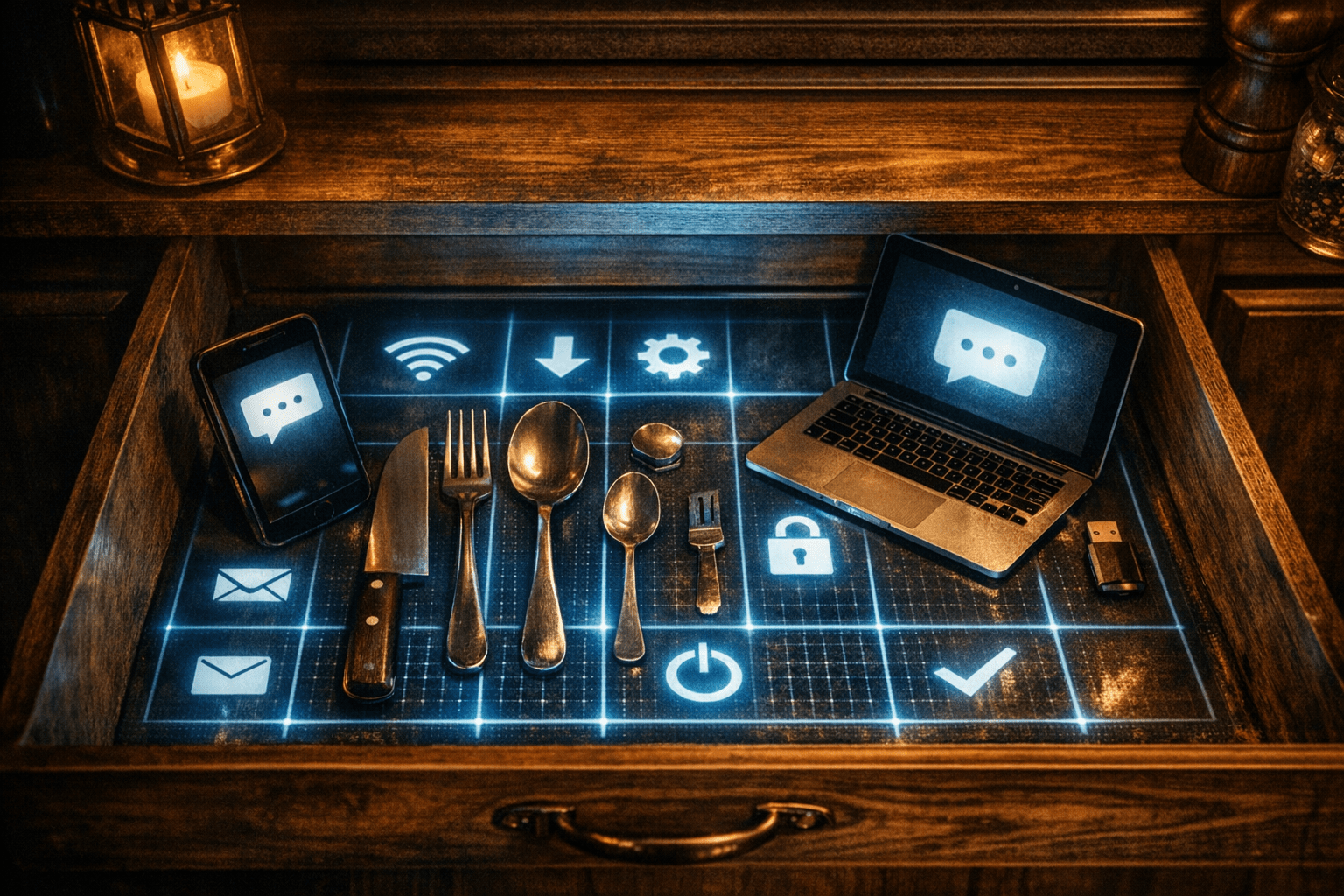 Utensils arranged on a glowing grid inside a drawer.