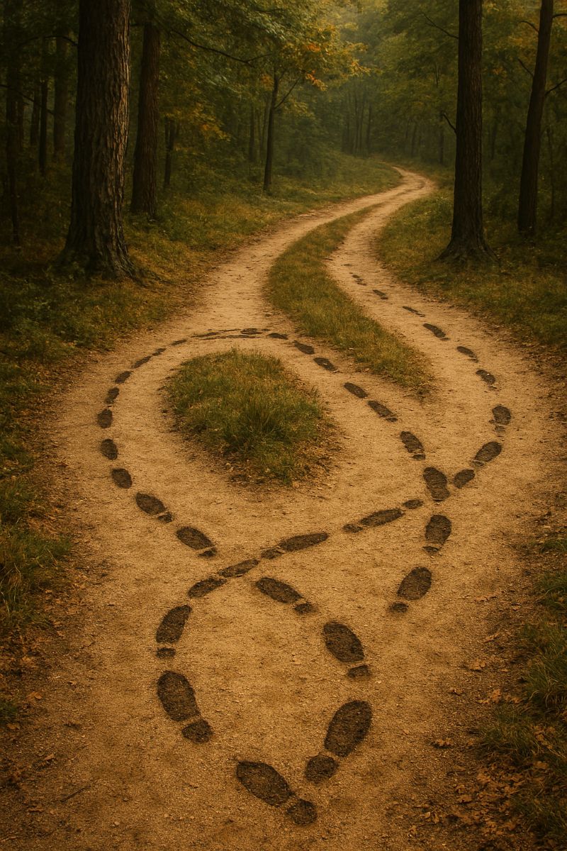 A forest path splitting into two directions, symbolizing the choice of ritual over empathy.