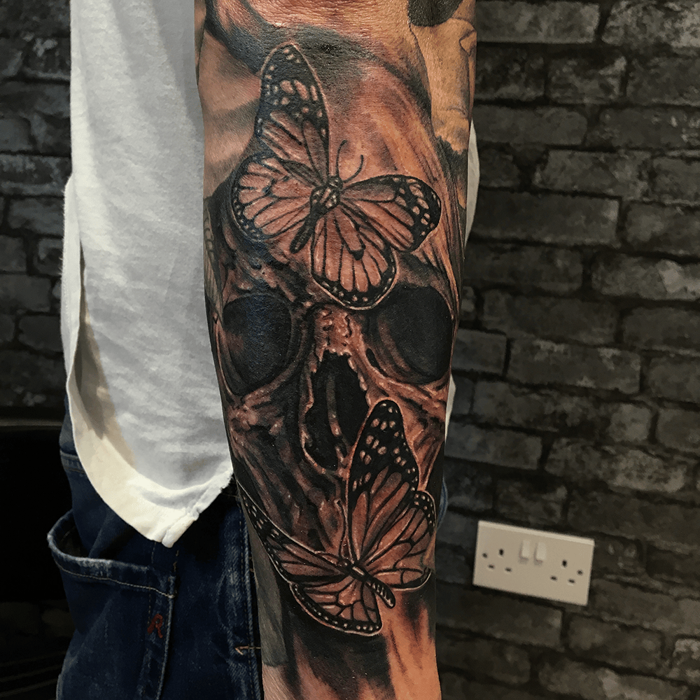 Part of a black and grey sleeve