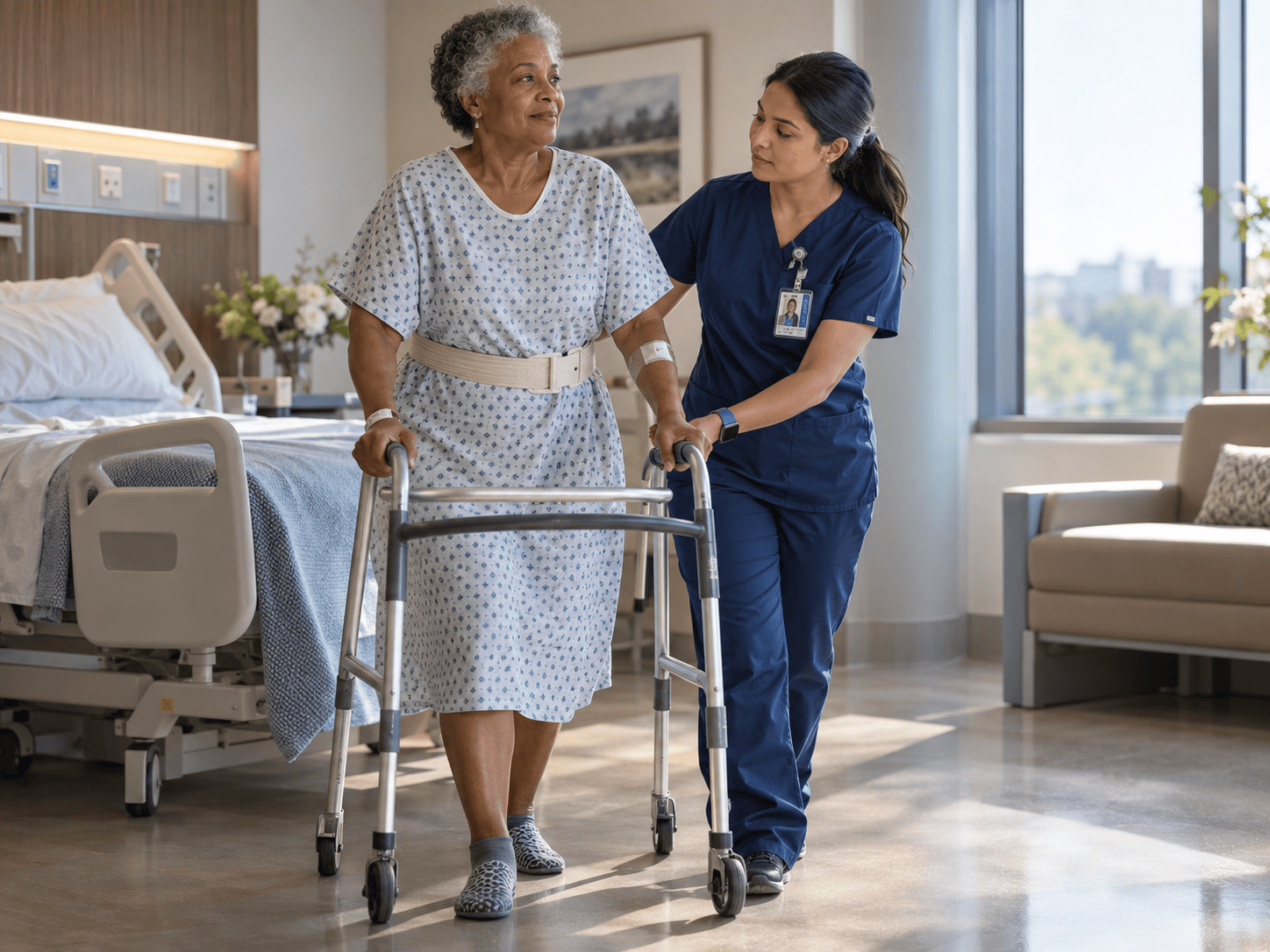 Patient working with physical therapy walking with a rolling walker.