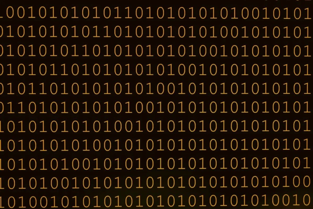 Rows of gold-coloured zeros and ones on a dark background.