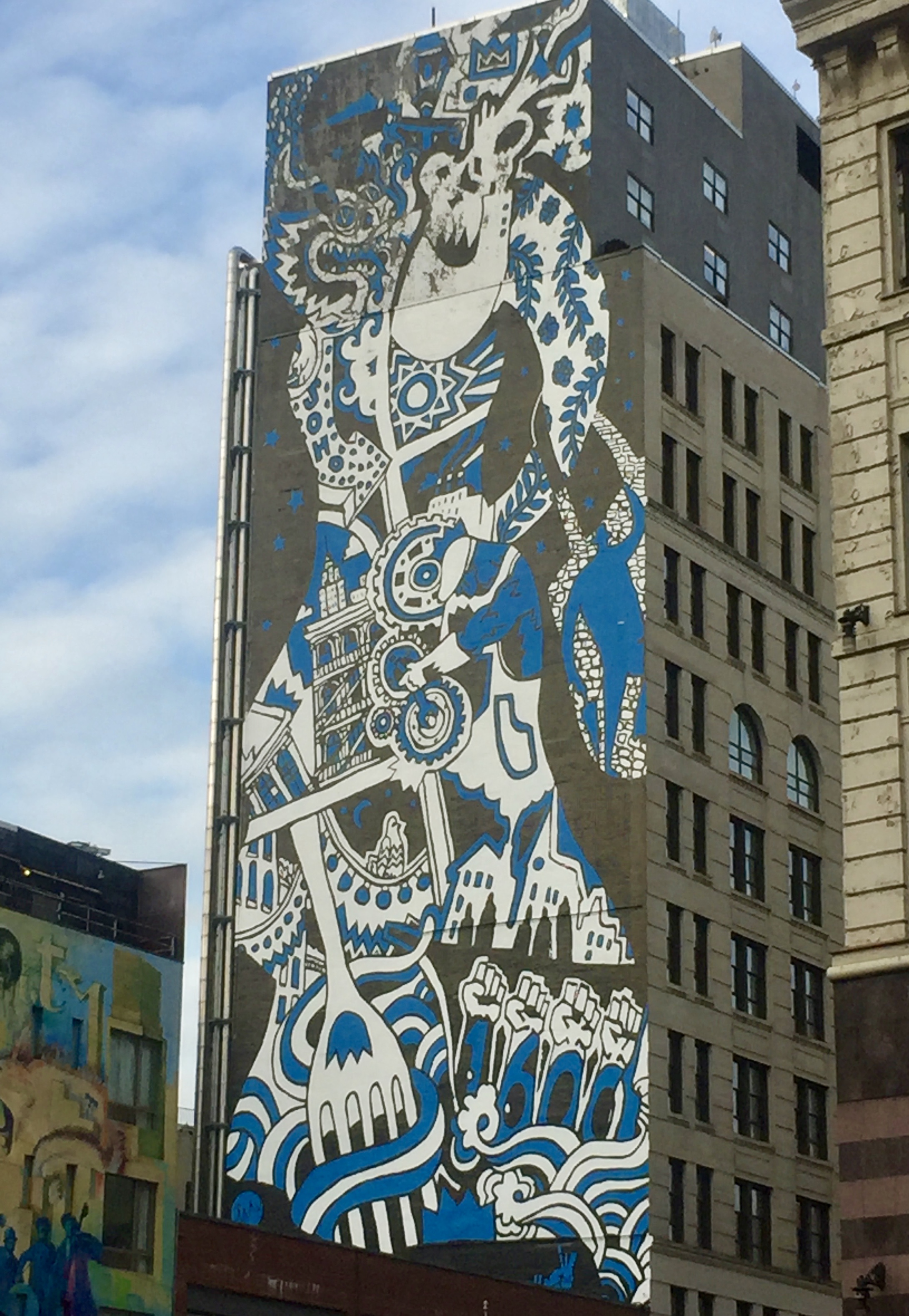 11 Story tall blue and white mural on Canal street, with an Asian Dragon, trumpeter, Soho, 1600 and other images