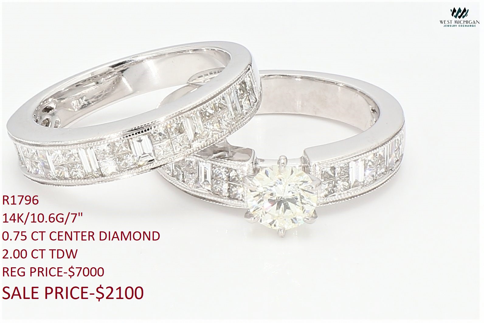14K White Gold Diamond Bridal Ring Set| CT Center| CT