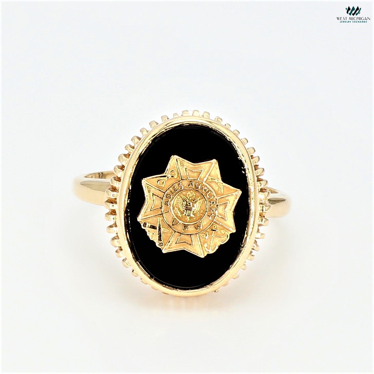 10K Yellow Gold Vintage VFW Auxiliary Onyx Emblem Ring| 5.1 Grams 
