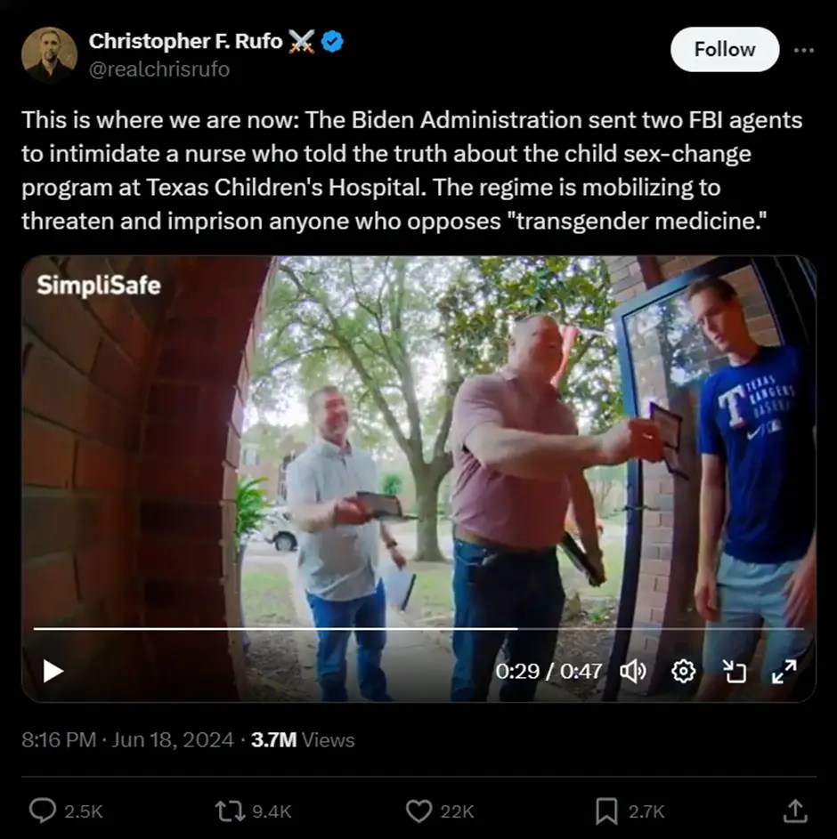 Video Shows Moment FBI Agents Visit Whistleblower Who Warned Of “Illegal” Child Gender Reassignment Clinic