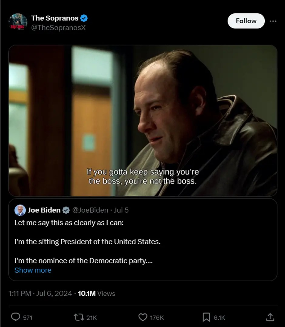 Joe Biden Ratioed By Tony Soprano Amid Doubts Over Presidential Race