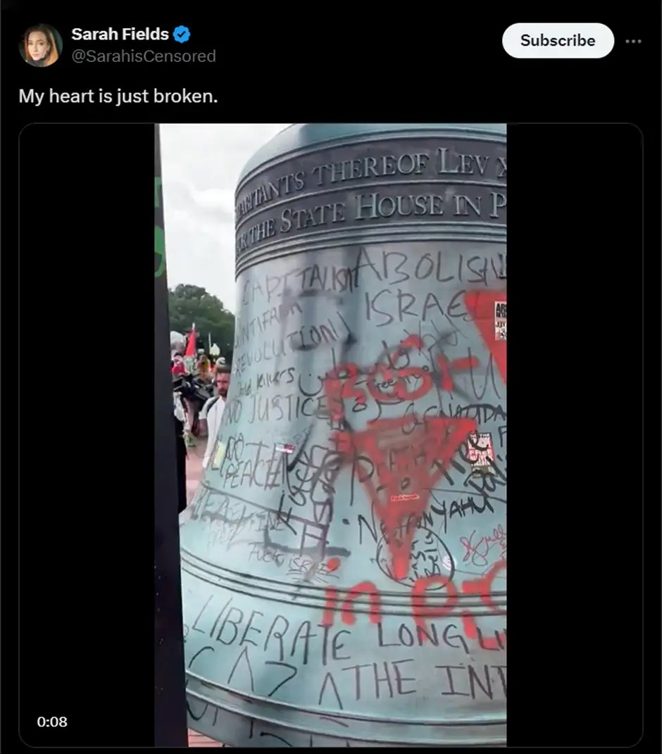 Liberty Bell Replica Vandalized As Thousands Riot Against Netanyahu Visit