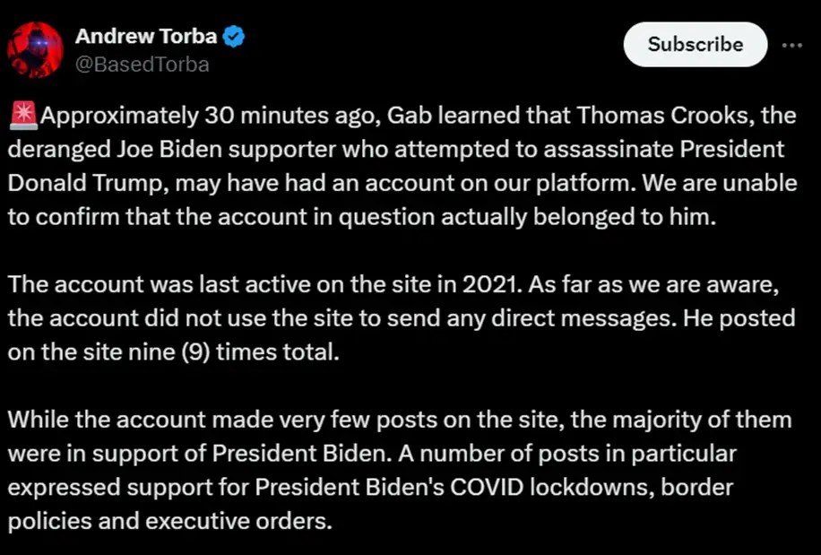 Gab CEO Reveals Pro-Democrat Posts By Donald Trump Shooter Thomas Matthew Crooks