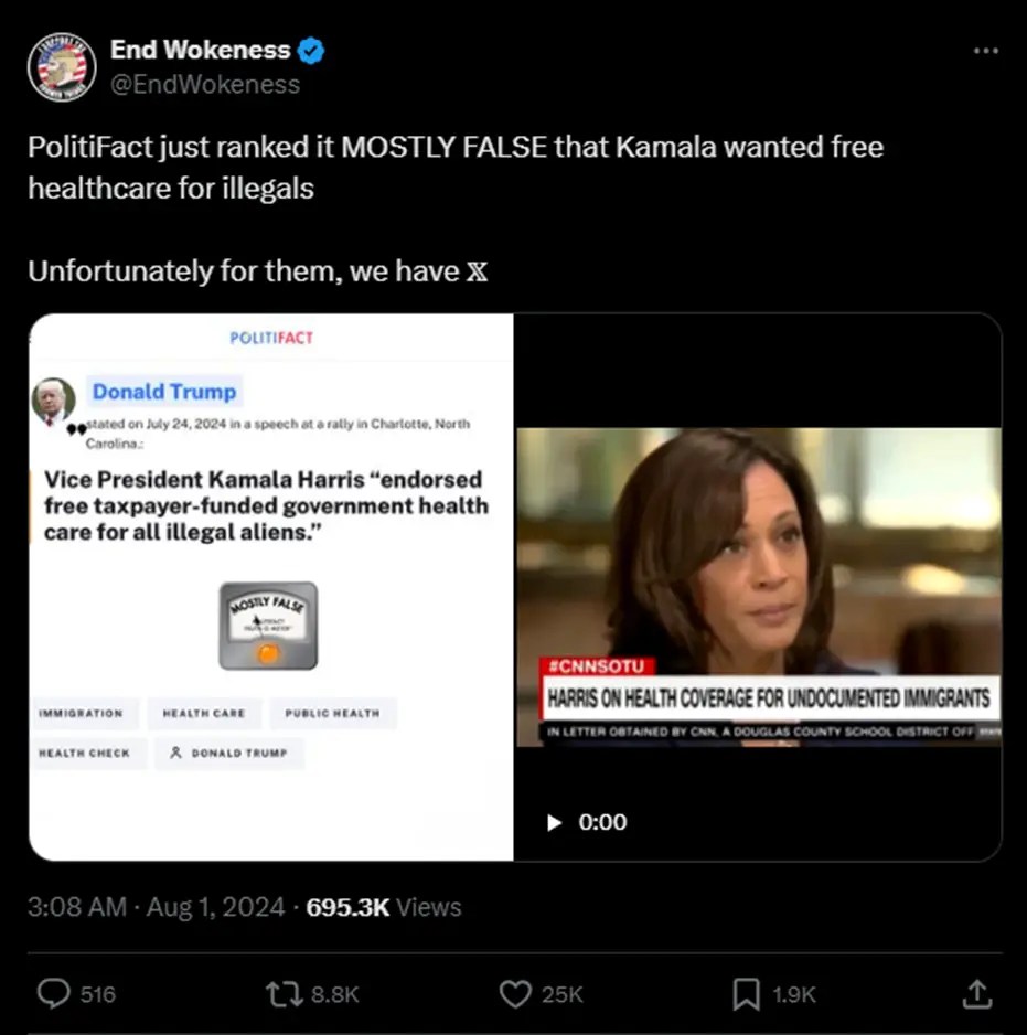 Social Media Corrects Fact-Checking Website Over Kamala Harris’ Support For Illegal Alien Health Care Coverage