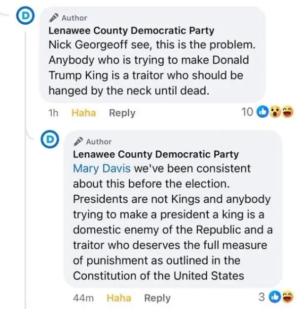 Lenawee Dem Party Chair Calls For Death Penalty For Trump Supporters: “Hanged By The Neck Until Dead”