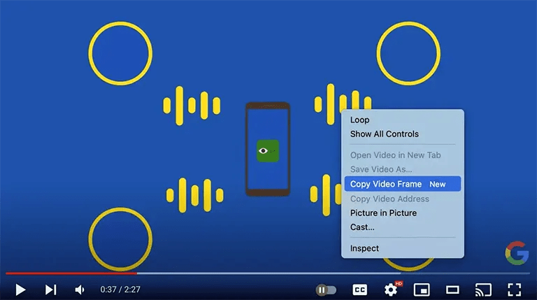 Chrome’da duraklatılmış bir videonun üzerinde “Copy Video Frame.” seçeneğini içeren bir menü bulunur.