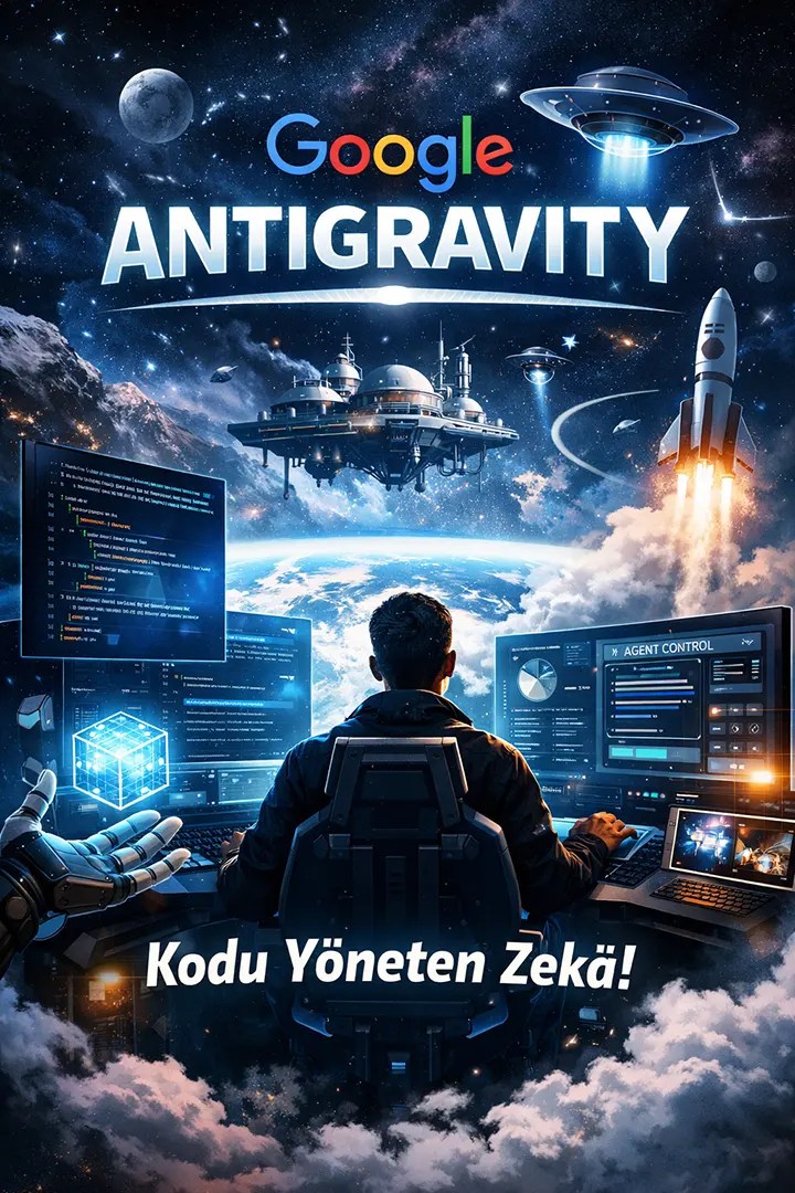 Uzay temalı futuristik bir sahnede, bir geliştirici holografik ekranlarla çevrili yüksek teknolojili bir kontrol merkezinde çalışıyor; arka planda Dünya, uzay istasyonu ve fırlatılan roket yer alırken ekranda “Google Antigravity” başlığı ve yapay zekâ ajan panelleri görünüyor.
