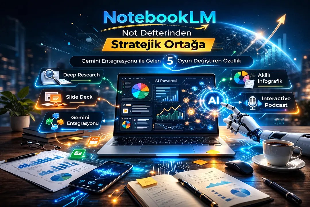 NotebookLM’in Gemini entegrasyonu ile gelen 5 yeni özelliğini gösteren futuristik blog kapak görseli; AI destekli analiz, Deep Research, Slide Deck, akıllı infografik ve interaktif podcast özelliklerini mavi neon teknoloji temasıyla vurgulayan dijital çalışma alanı.