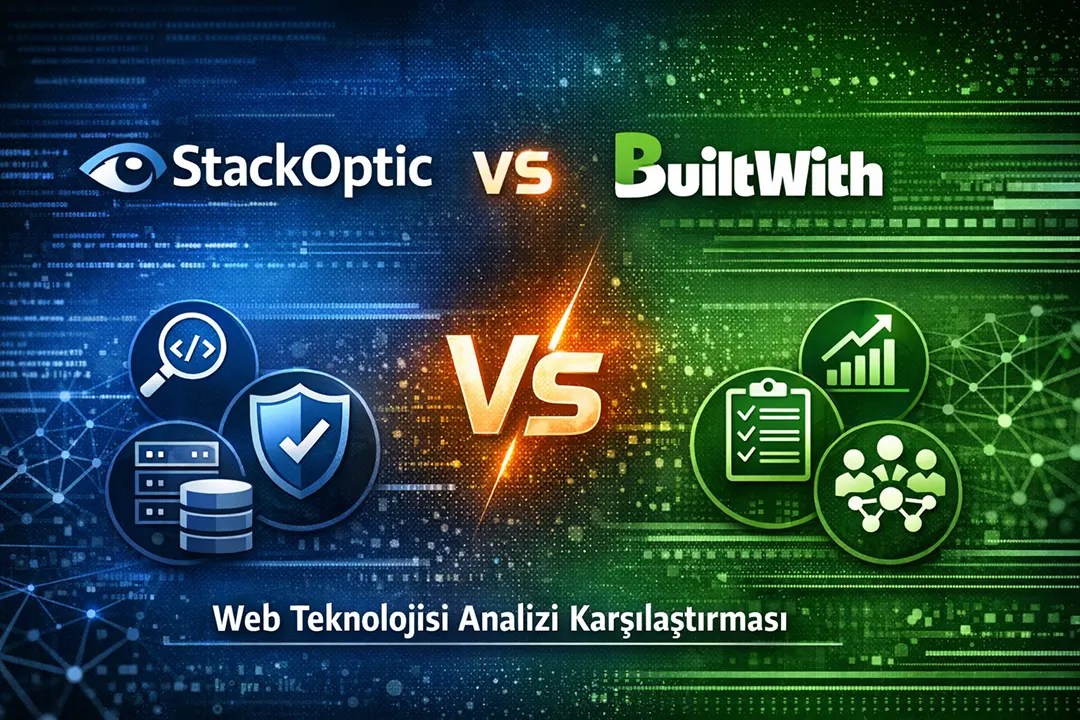 StackOptic ve BuiltWith karşılaştırmasını gösteren web teknoloji analizi görseli, iki platformun özelliklerini ve kullanım alanlarını vurgulayan modern tasarım.