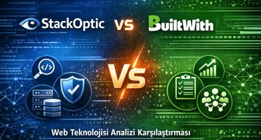 StackOptic ve BuiltWith karşılaştırmasını gösteren web teknoloji analizi görseli, iki platformun özelliklerini ve kullanım alanlarını vurgulayan modern tasarım.