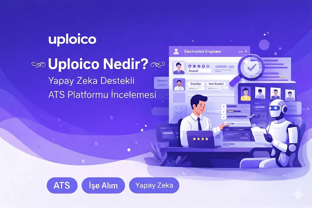 Uploico ATS platformu arayüzünü ve yapay zeka destekli işe alım sürecini gösteren illüstrasyon
