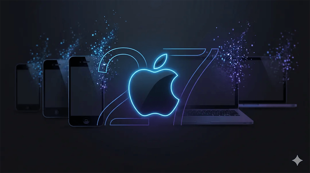 Karanlık bir arka plan üzerinde, merkezde parlayan mavi neon ışıklı Apple logosu ve büyük “27” sayısı. Arka planda, dijital ışık parçacıklarına dönüşerek yavaşça silikleşen ve kaybolan eski nesil iPhone ve MacBook silüetleri yer alıyor.