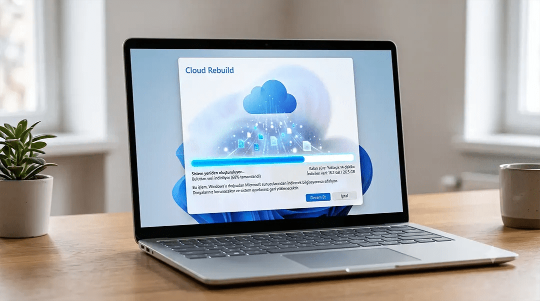 Windows 11 Cloud Rebuild ile bulut üzerinden sistem kurtarma ekranını gösteren konsept görsel