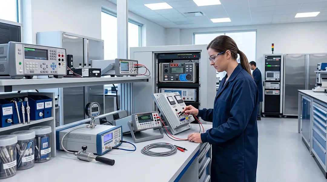 Elektriksel ölçüm cihazları, proses ekipmanları ve endüstriyel test cihazlarının profesyonel laboratuvar ortamında kalibrasyon sürecini temsil eden görsel.