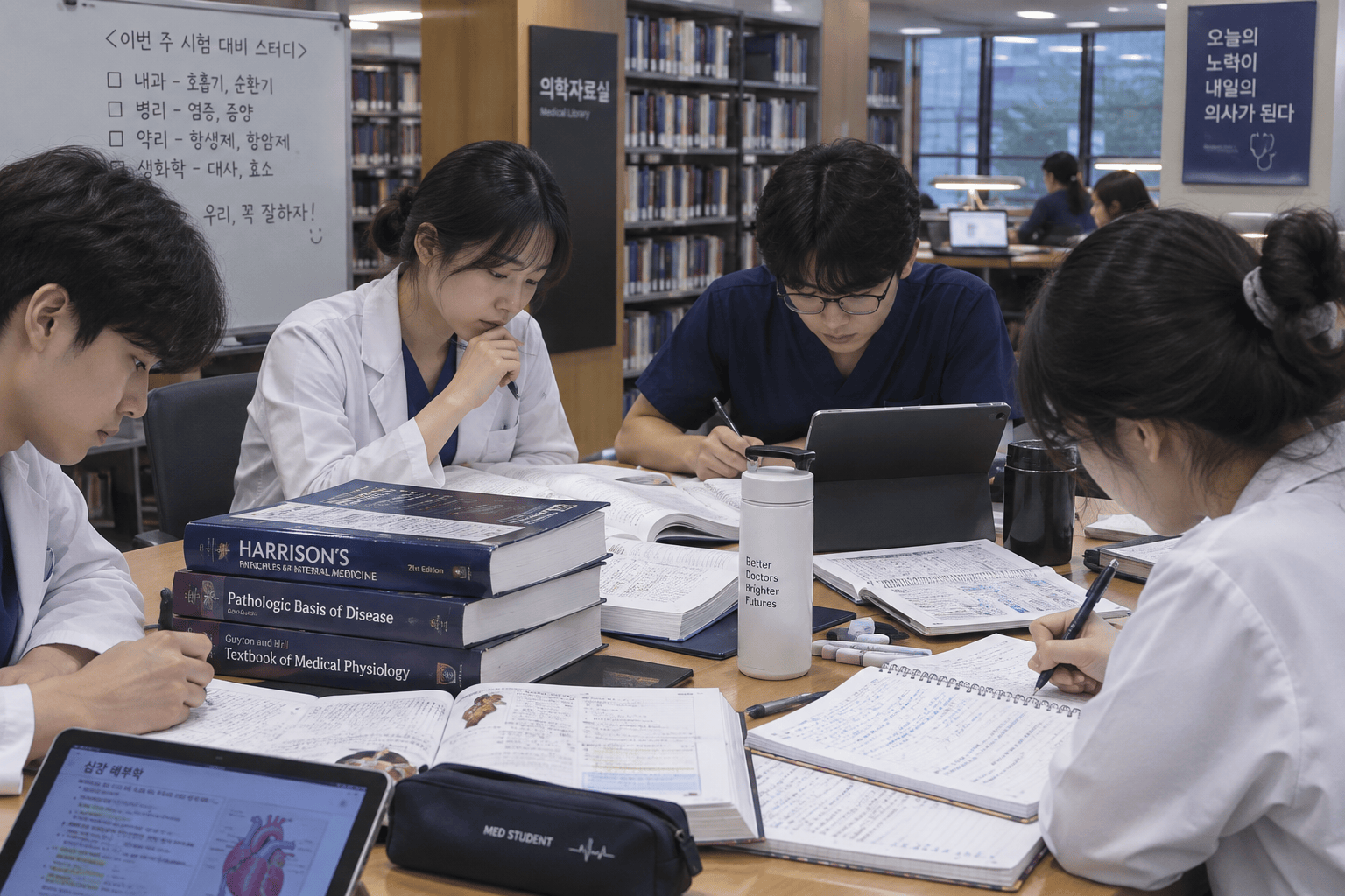 도서관에서 그룹 스터디 중인 의대생들