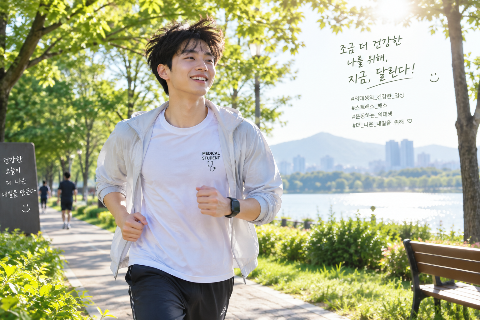 공원에서 조깅하며 스트레스를 관리하는 의대생