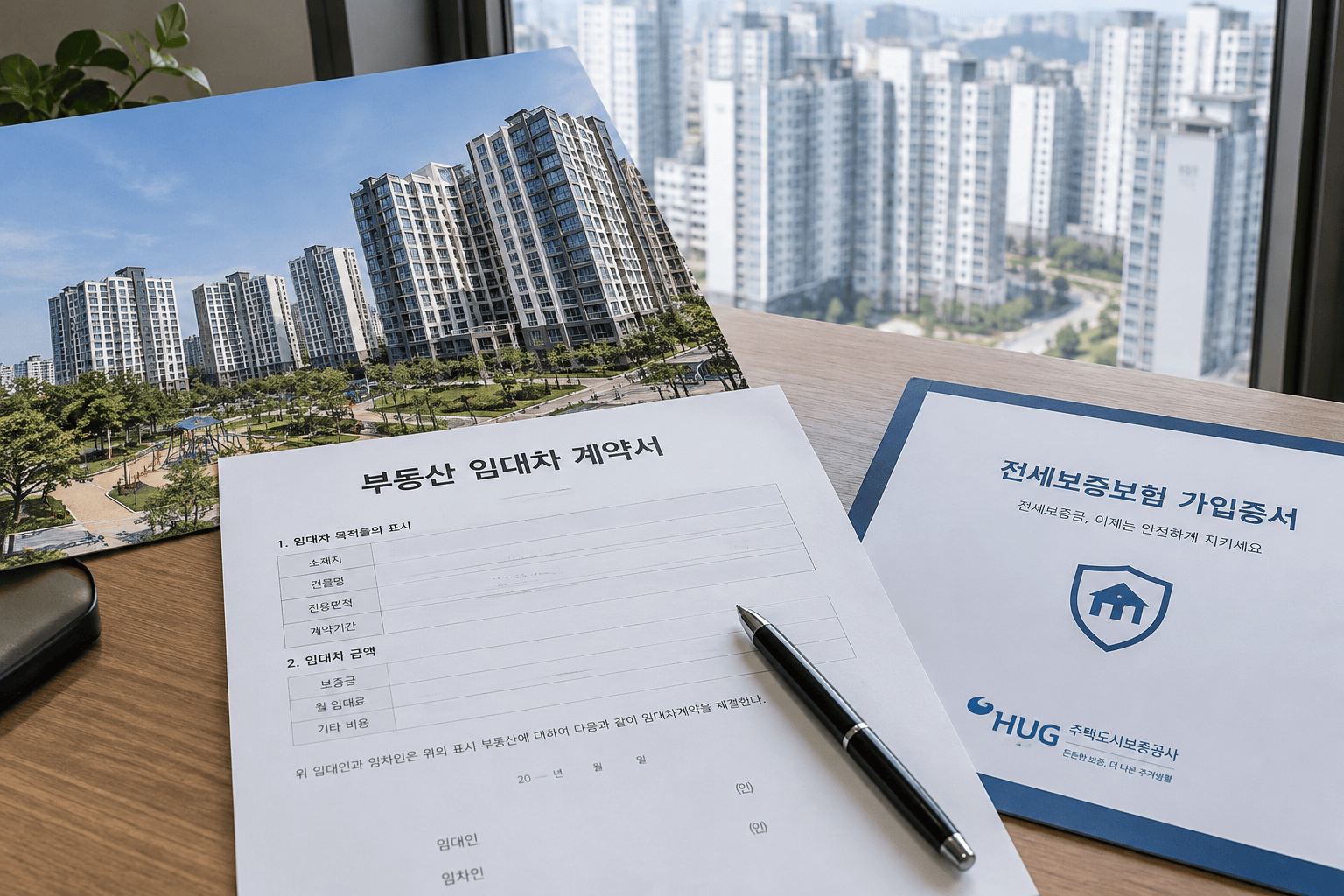 아파트 배경에 전세 계약서와 전세보증보험 서류가 놓인 책상
