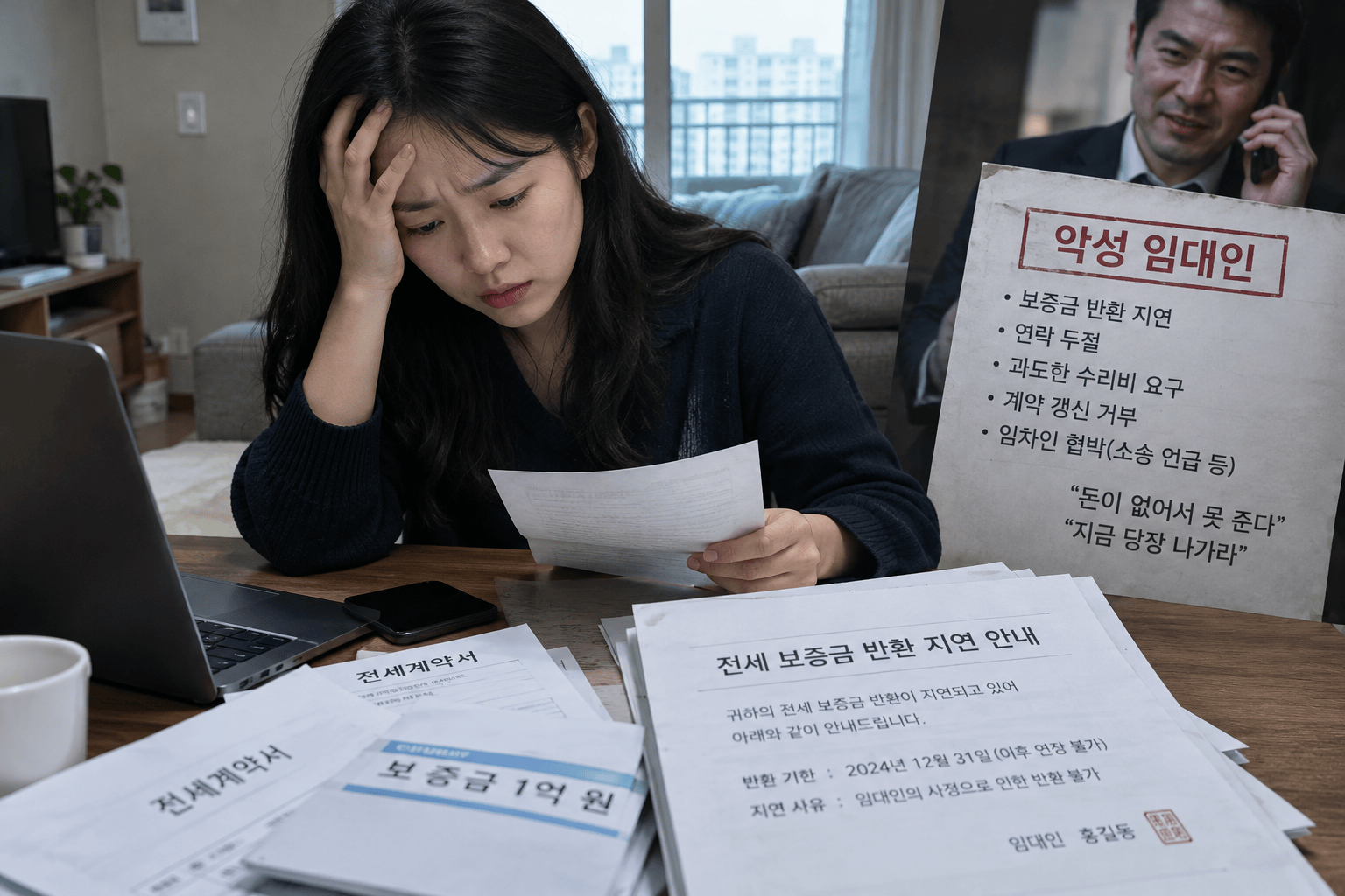전세금 문제로 고민하는 임차인과 악성 임대인을 상징하는 문서
