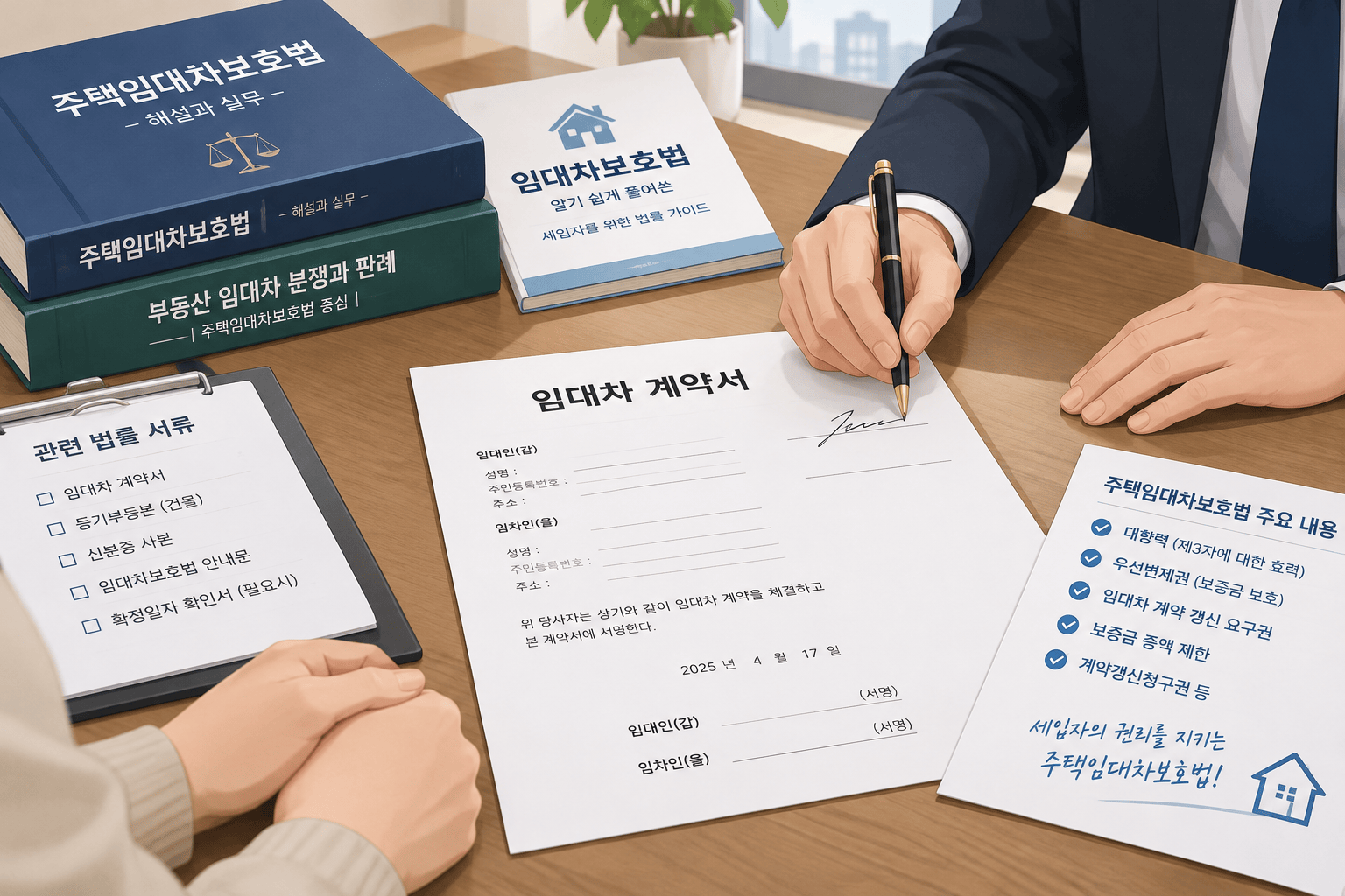 계약서 서명과 법률서가 함께 보이는 임대차 계약 상황