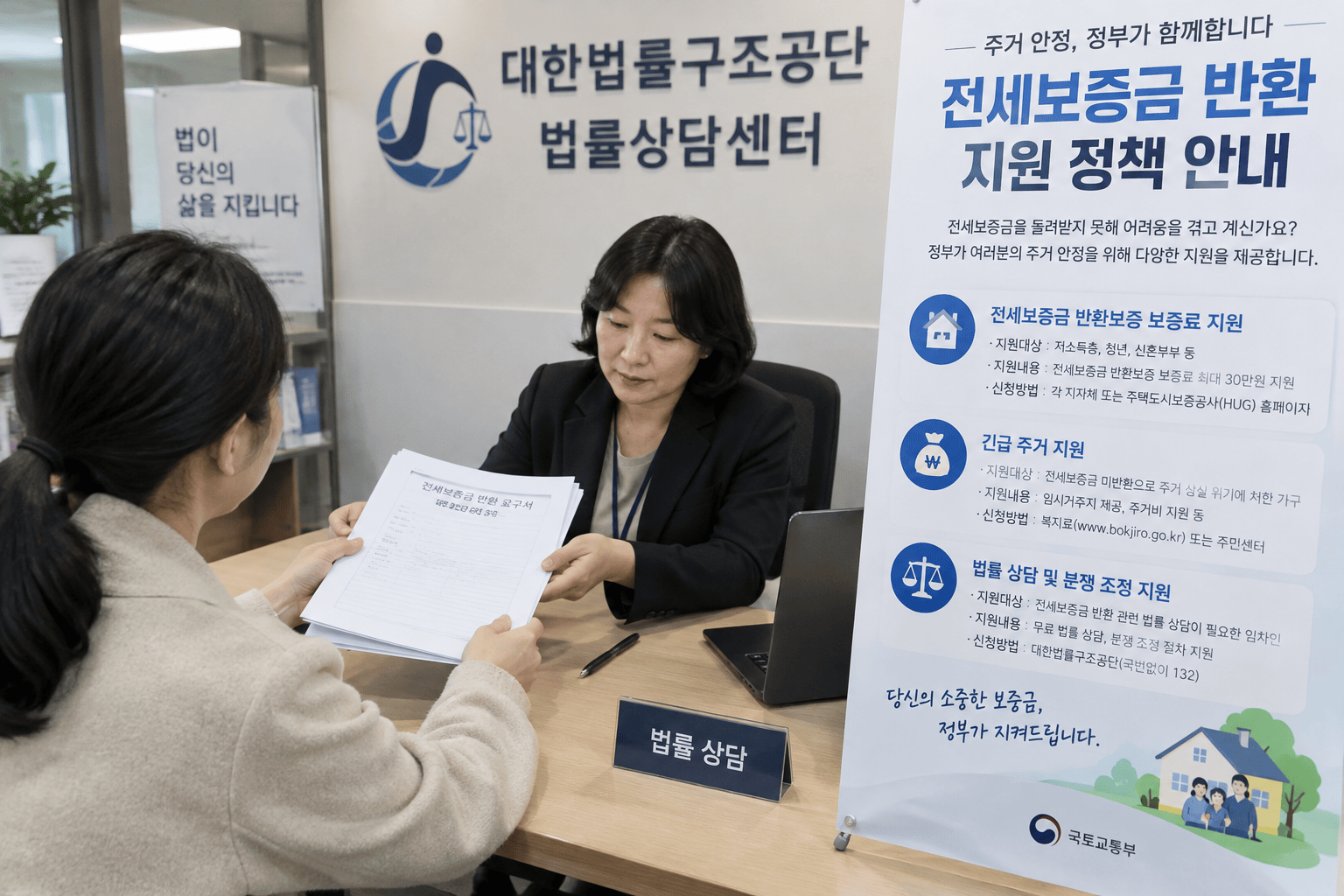 전세보증금 반환 서류를 들고 상담받는 임차인과 지원 정책 포스터