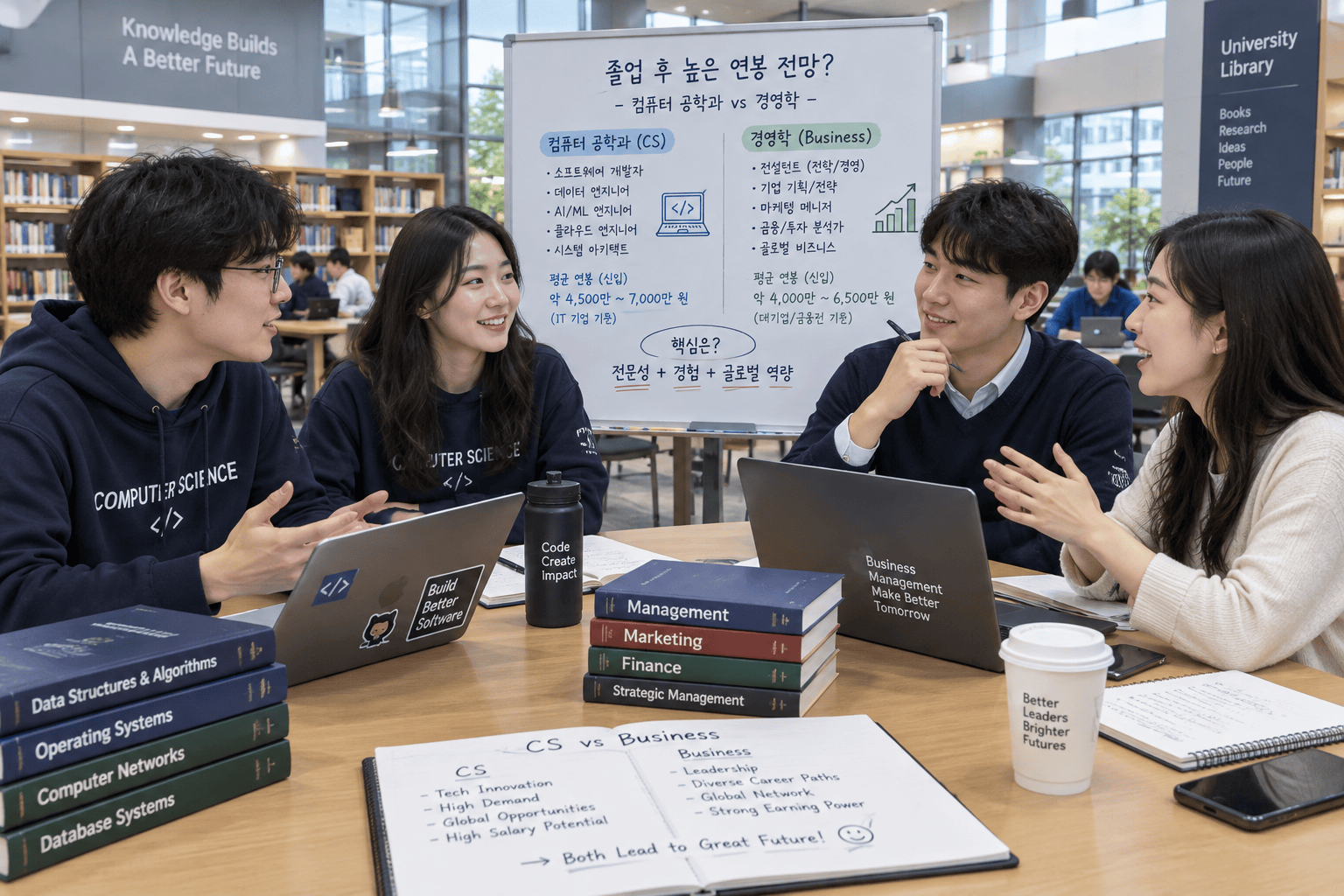 컴퓨터 공학과와 경영학 학생들이 토론하는 대학 도서관 풍경