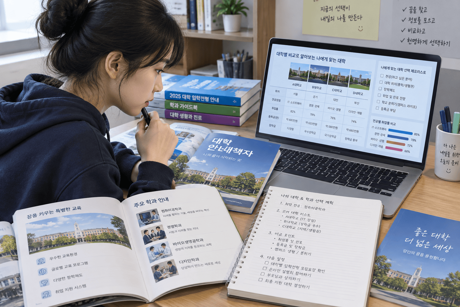 대학 입학 준비생이 자료를 검토하며 진로 계획 수립 중