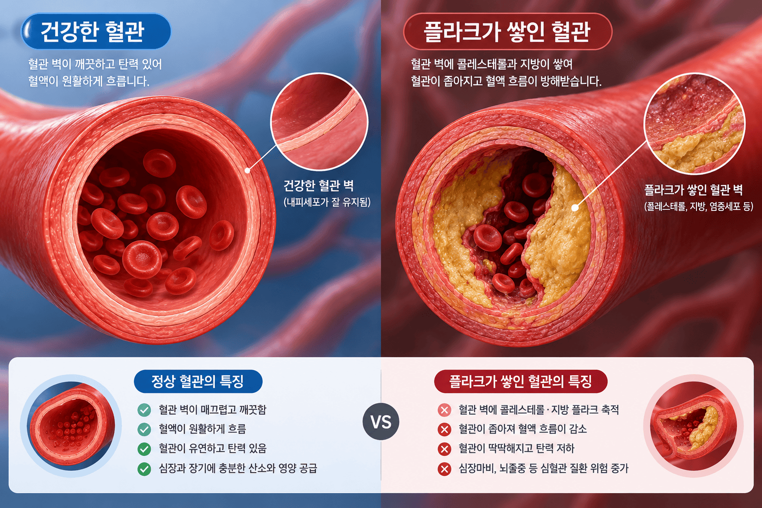 플라크 축적된 혈관과 정상 혈관 비교 이미지