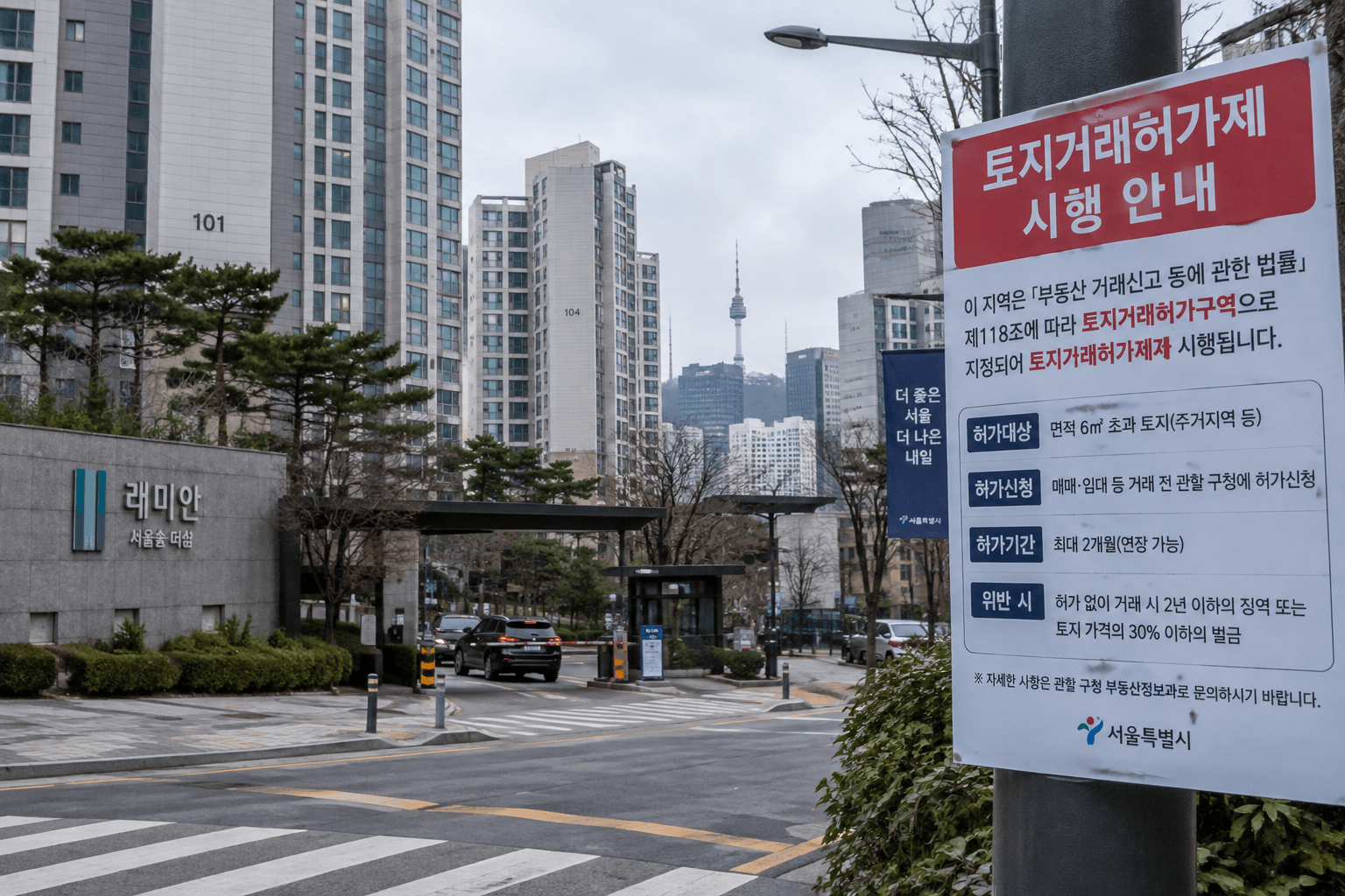 서울 아파트 단지와 토지거래허가제 안내 팻말