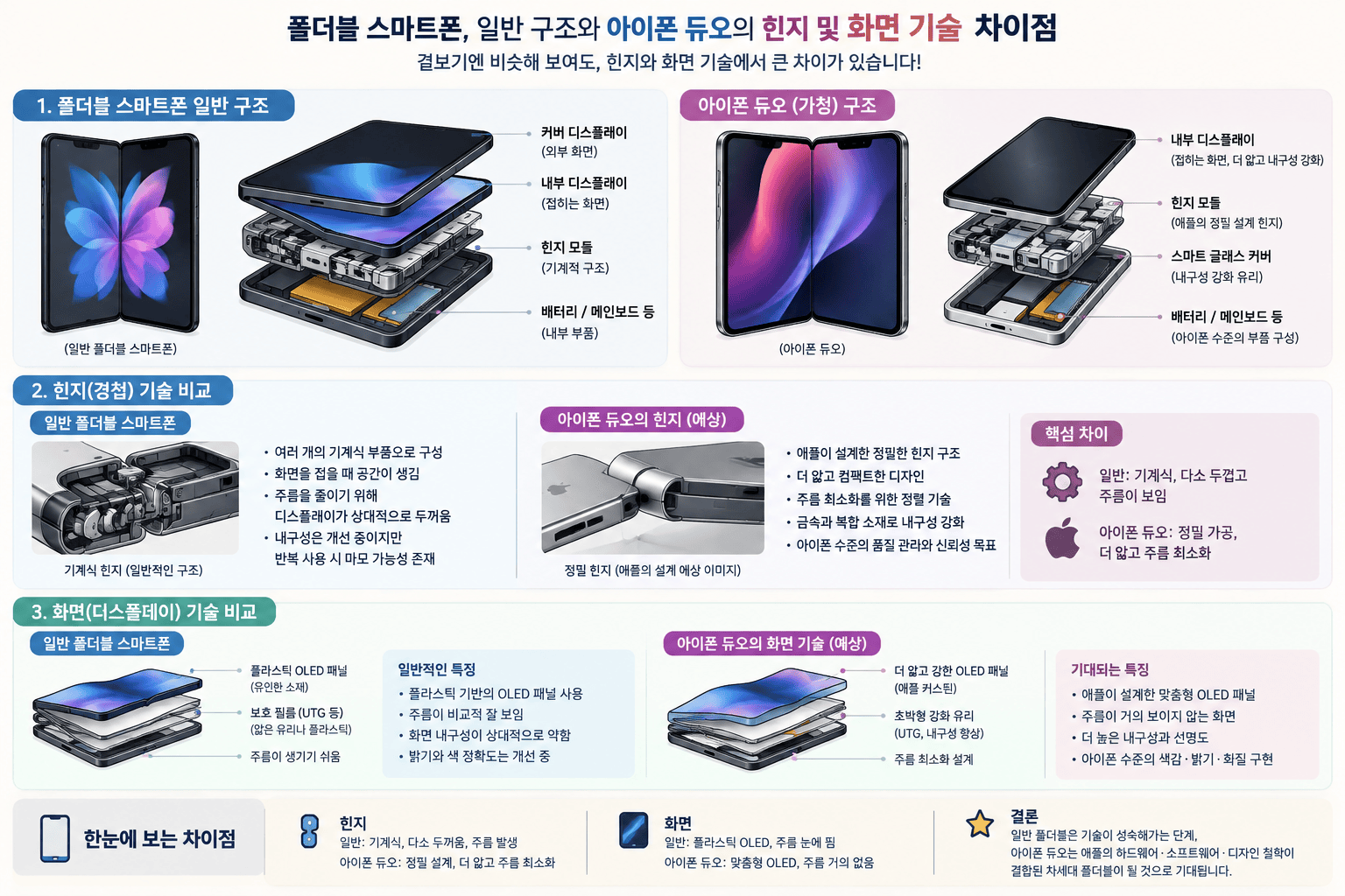 폴더블 스마트폰과 아이폰 듀오 힌지 차이 인포그래픽