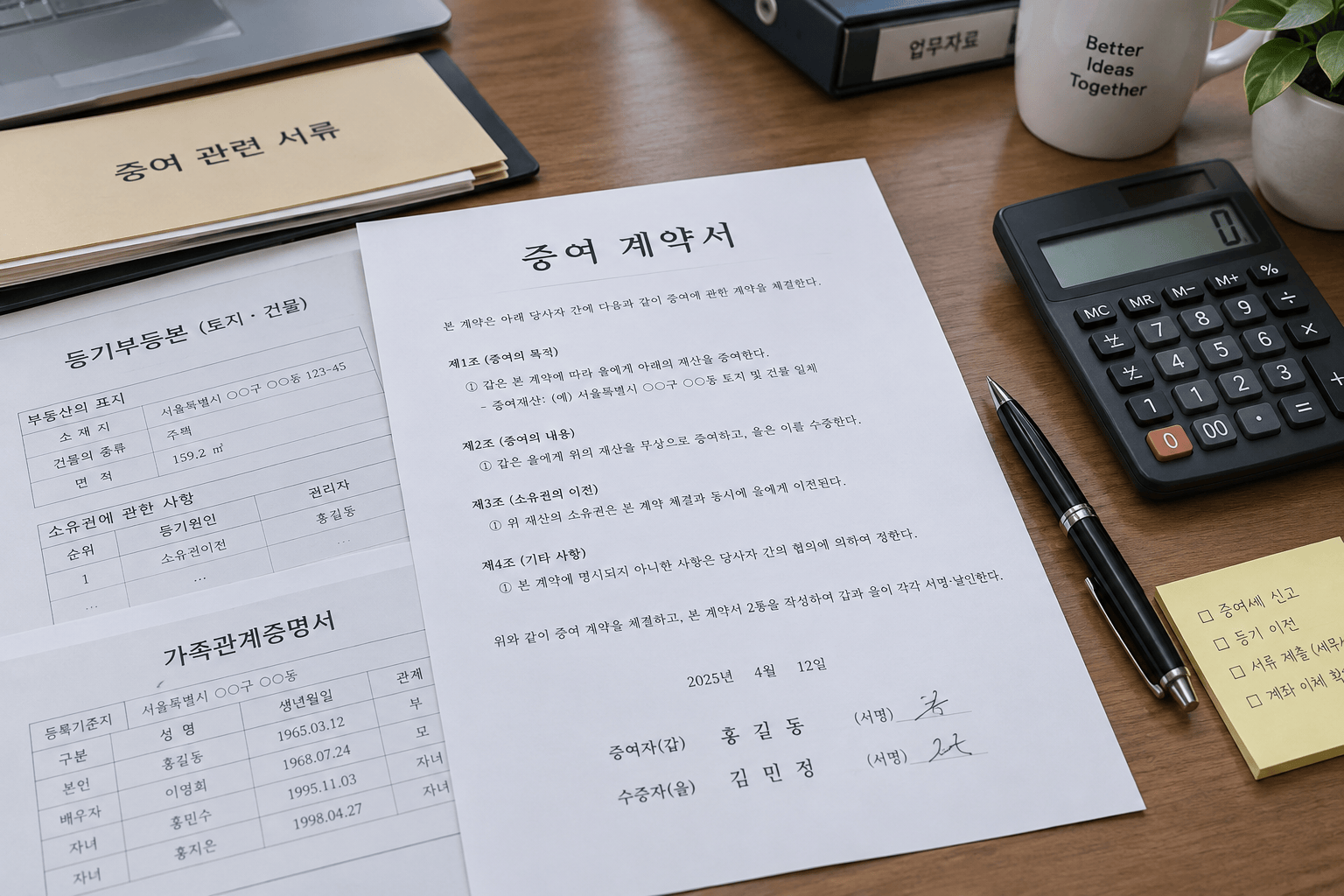 증여 계약서와 서류가 놓인 사무실 책상
