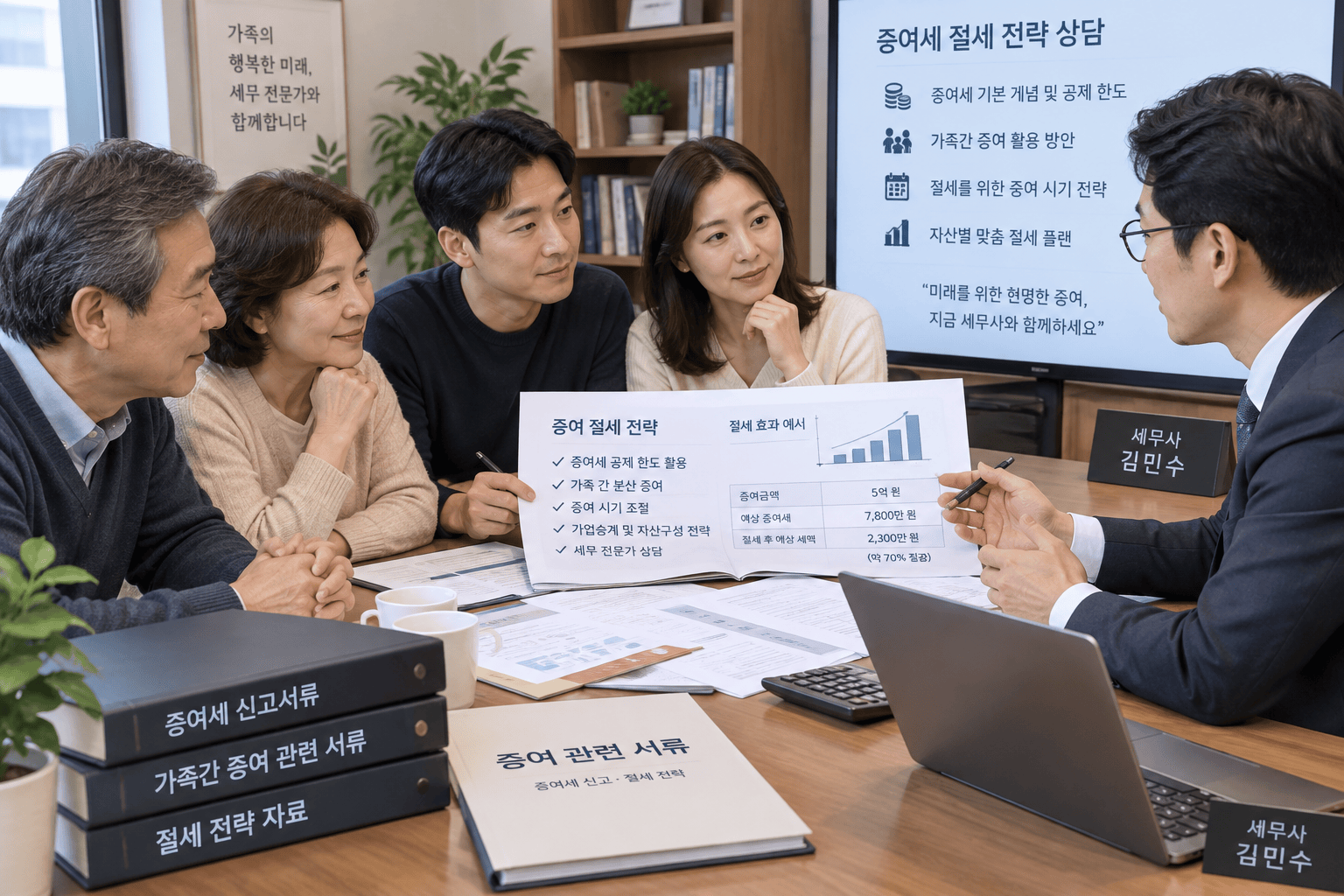 가족과 세무사의 증여세 절세 상담 장면
