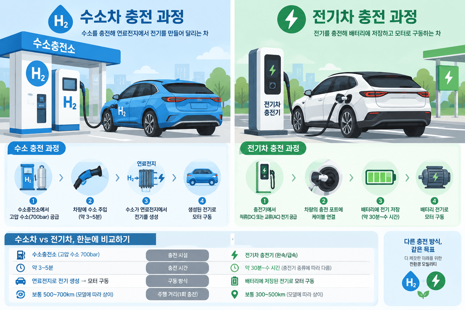 수소차와 전기차 충전 방식 비교 일러스트