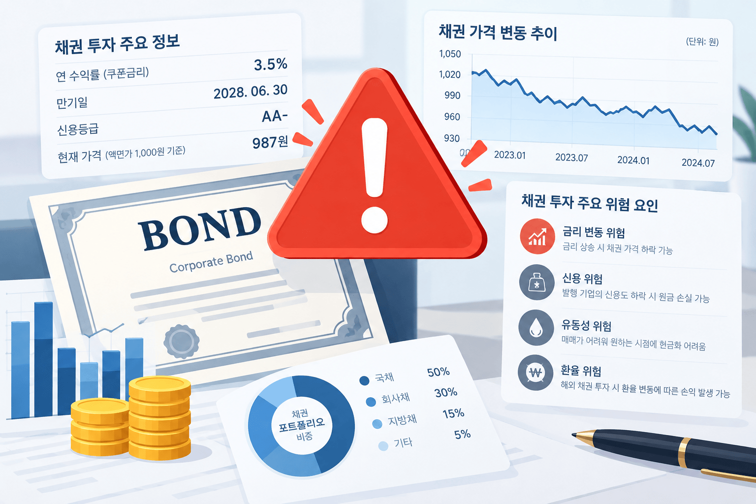 채권 투자 위험 요소를 상징하는 경고 아이콘과 데이터
