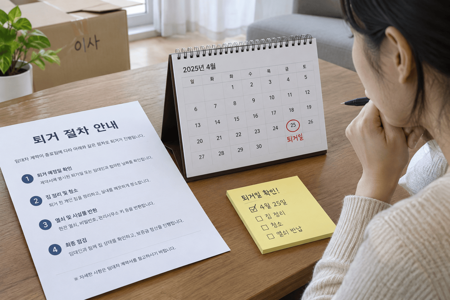 임차인이 서류와 달력을 보며 퇴거 날짜를 확인하는 장면