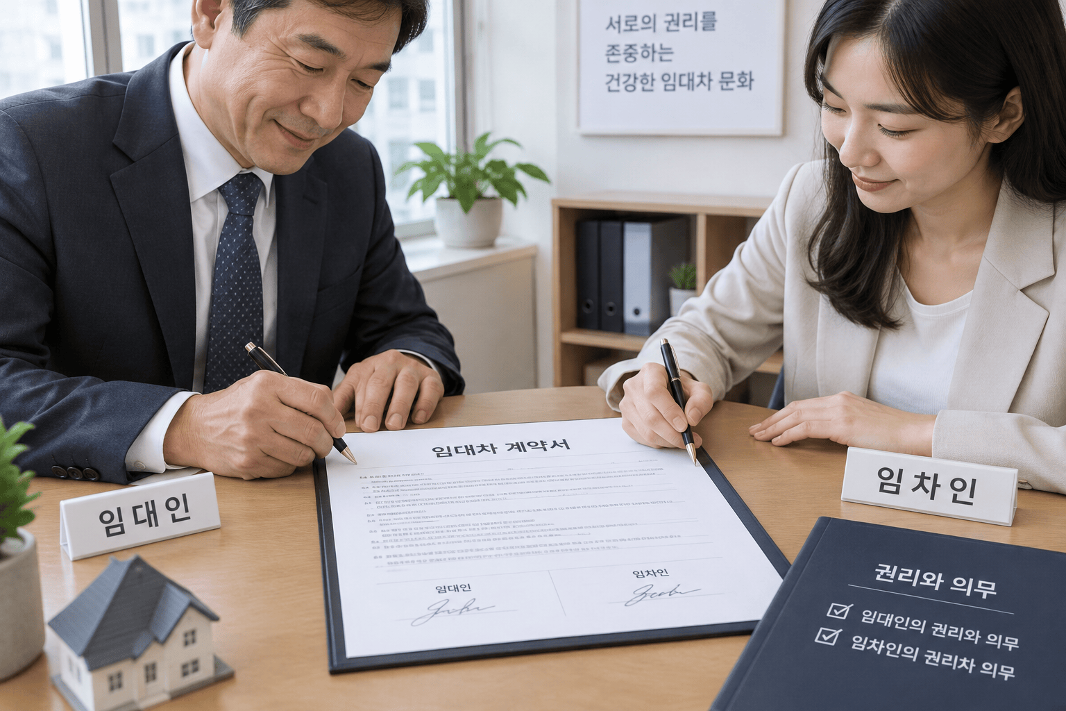 임대인과 임차인이 계약서에 서명하는 모습