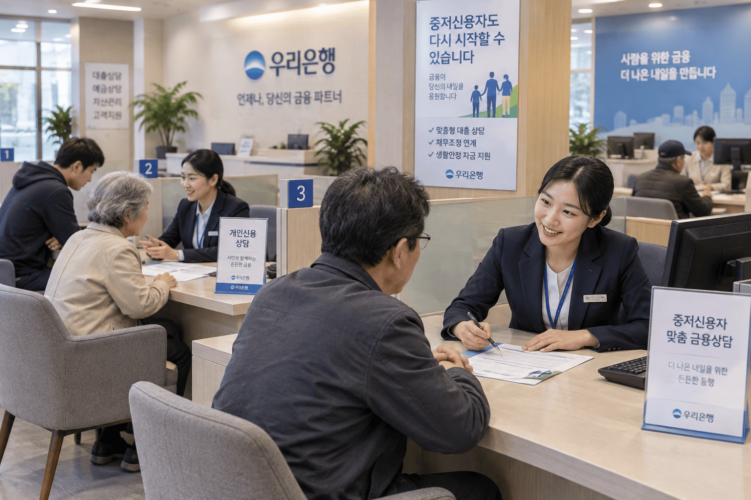 은행 상담 창구에서 상담받는 중저신용자들 모습