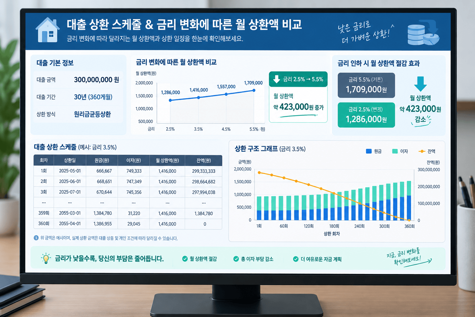 컴퓨터 화면에 표시된 대출 상환 계획과 금리 인하 그래프