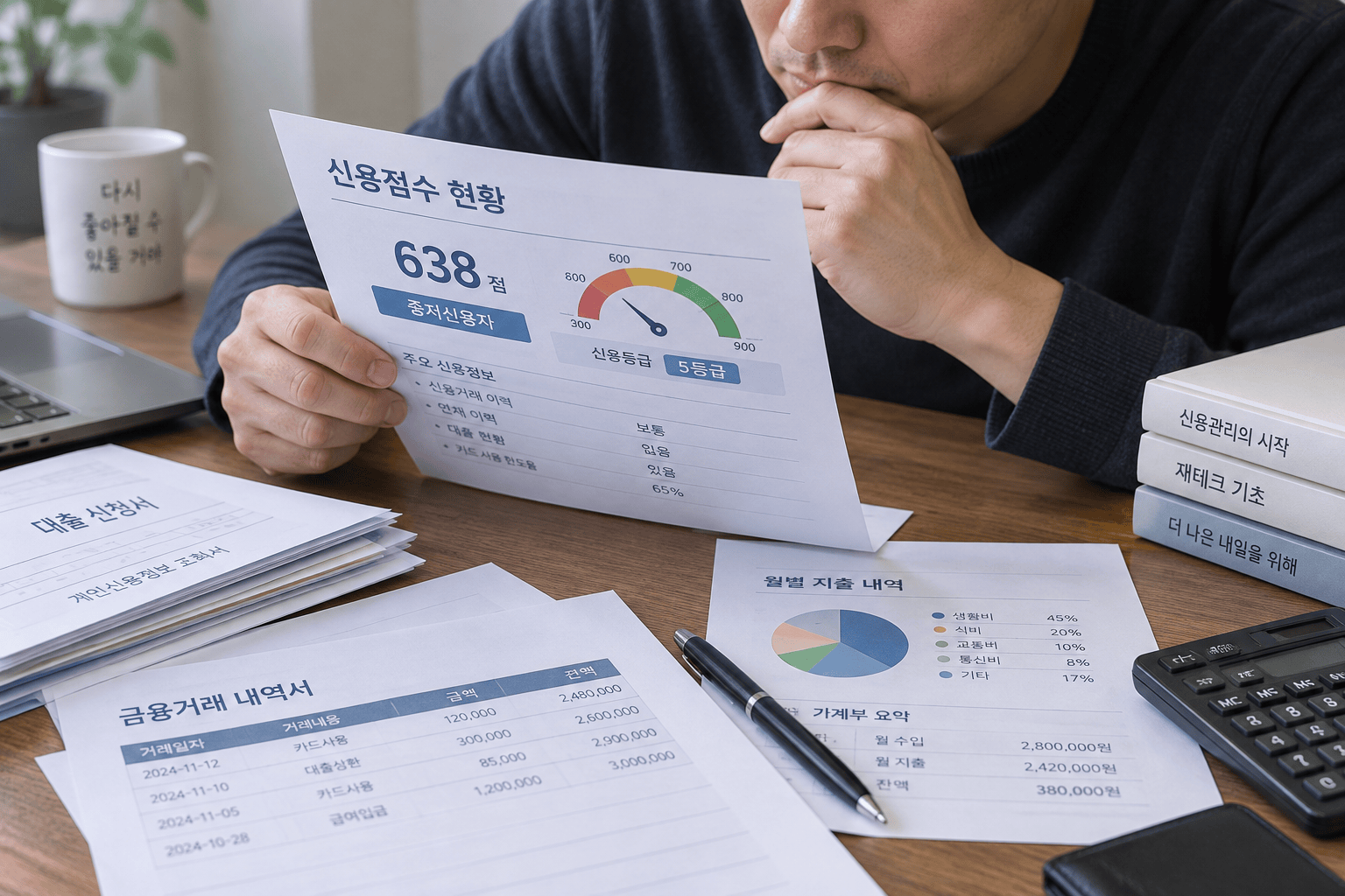 중금리대출 신청 서류와 신용 점수 검토하는 모습