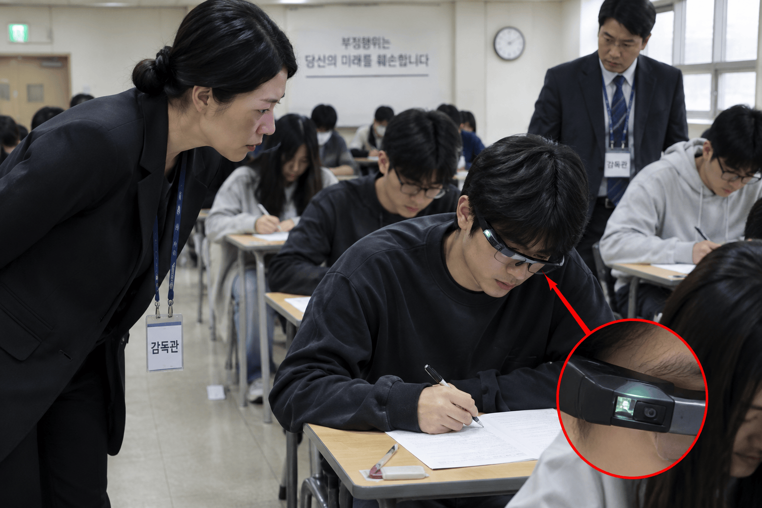 시험장에서 감독관들이 수험생의 AI 안경 착용 여부를 확인하는 장면