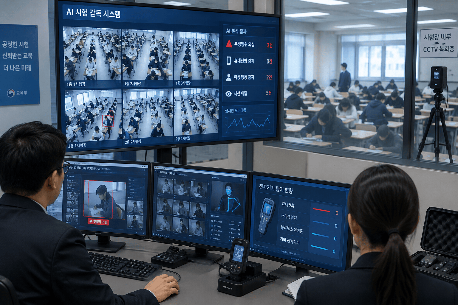 전자기기 탐지 장비와 AI 영상 모니터링 시스템이 설치된 시험장 내부