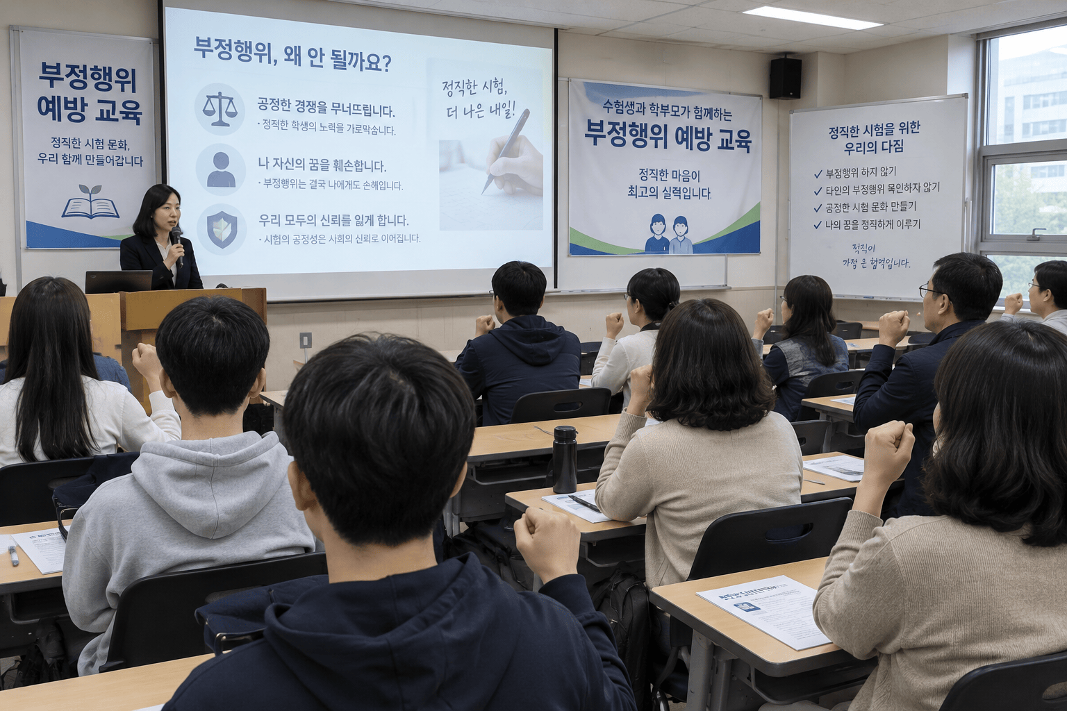 수험생과 학부모가 부정행위 예방 교육에 참여하는 모습