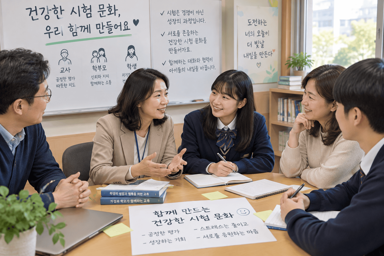 교사, 학부모, 학생들이 건강한 시험 문화 조성을 위해 토론하는 모습